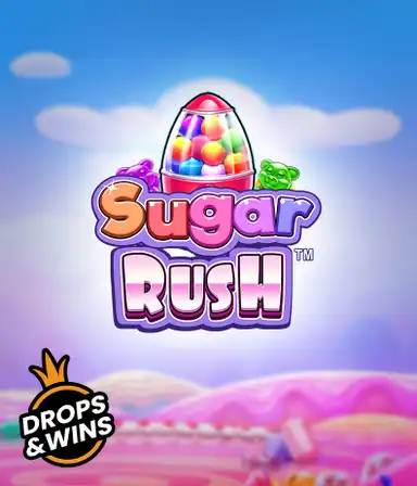 Изображение игрового автомата Sugar Rush от Pragmatic Play, показывающее волшебный мир конфет и сладостей. На переднем плане видны символы в виде конфет и желейных мишек, окруженные яркой атмосферой. В центре расположен название слота Sugar Rush, подчеркивающий сахарную тематику игры.